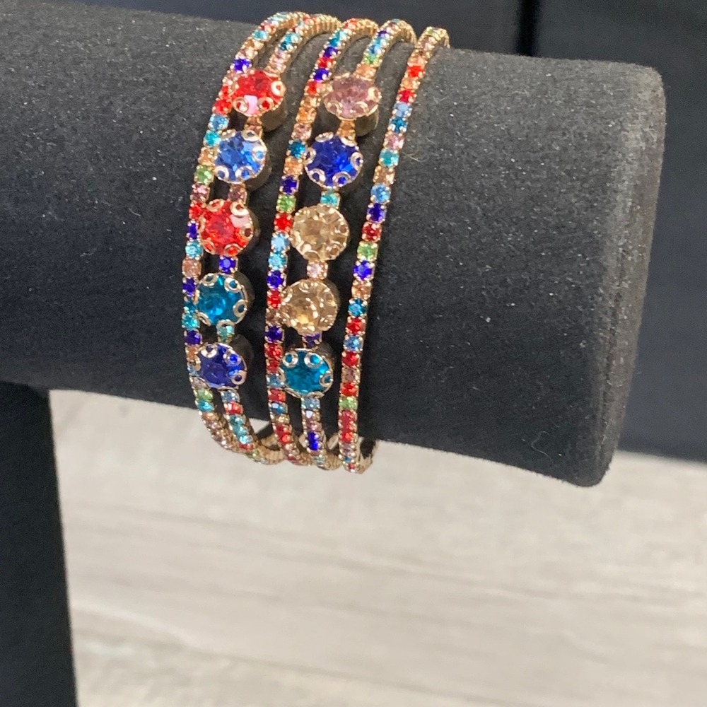 Multicolor Rhinestone Gold Tone 4 Row Cuff Bracelet Statement Jewelry 7 Inch